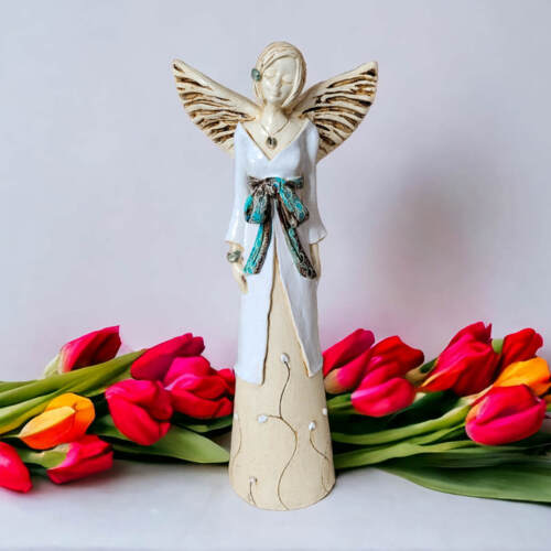 Anioł Lily - biały z turkusem -  35 x 15 cm figurka dekoracyjna gipsowa