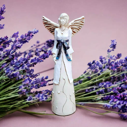 Anioł Lily - biały z granatem -  35 x 15 cm figurka dekoracyjna gipsowa