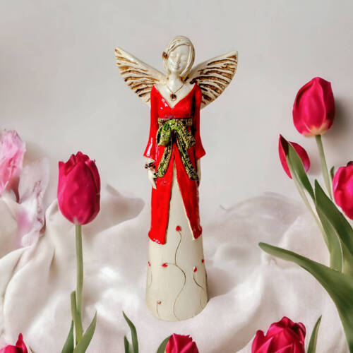 Anioł Lily - czerwony -  35 x 15 cm figurka dekoracyjna gipsowa