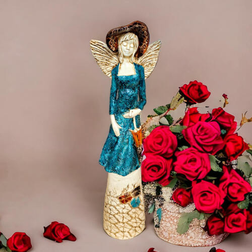 Anioł Olivia - turkus -  32 x 15 cm figurka dekoracyjna gipsowa