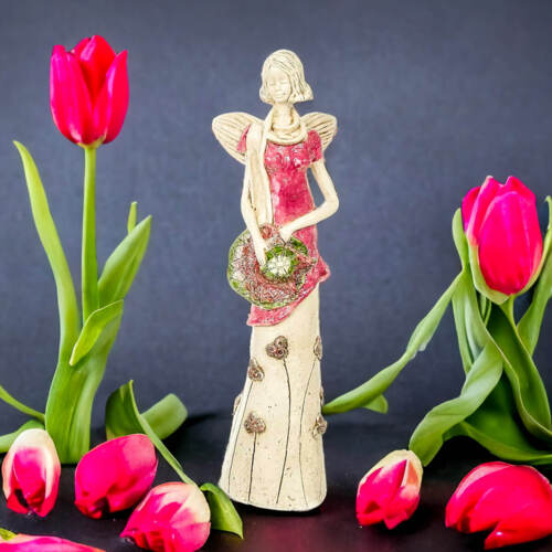 Anioł Sunday Rose - różowy -  32 x 15 cm figurka dekoracyjna gipsowa