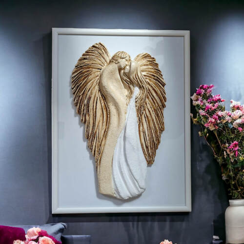 Zakochane Anioły + ramka - wiszące biało beżowe -  35 x 21 cm figurka dekoracyjna gipsowa