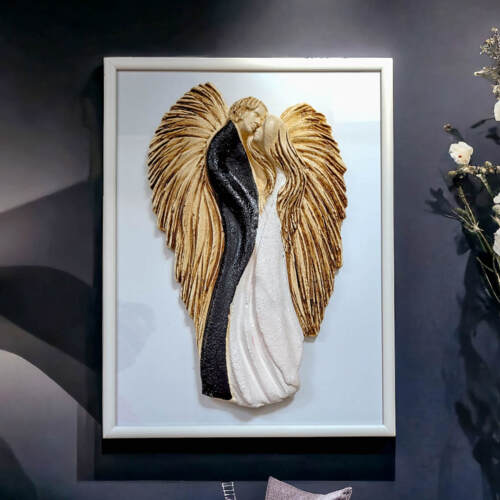 Zakochane Anioły + ramka - wiszące biało czarne -  35 x 21 cm figurka dekoracyjna gipsowa