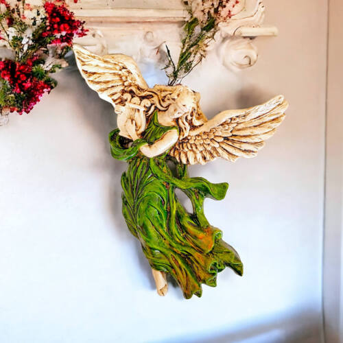 Anioł z Harfą - zielony -  25 x 33 cm figurka dekoracyjna gipsowa