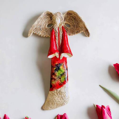 Anioł Clara Art Leaf - czerwony -  40 x 28 cm figurka dekoracyjna gipsowa