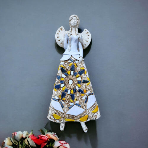 Anioł Heather - biały granat pomarańcz -  35 x 15 cm figurka dekoracyjna gipsowa