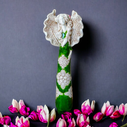 Anioł Madelyn - zielony -  47 x 18 cm figurka dekoracyjna gipsowa