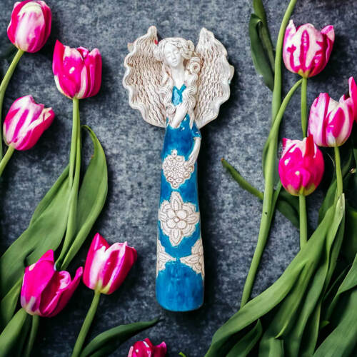 Anioł Madelyn - turkus -  47 x 18 cm figurka dekoracyjna gipsowa