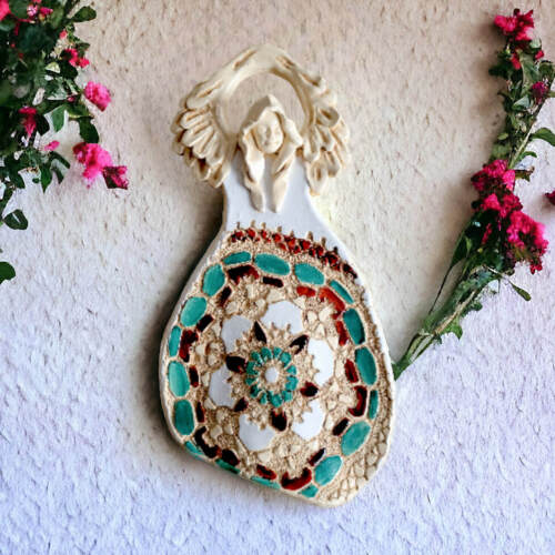 Anioł Obfitości - biały turkus -  31 x 16 cm figurka dekoracyjna gipsowa