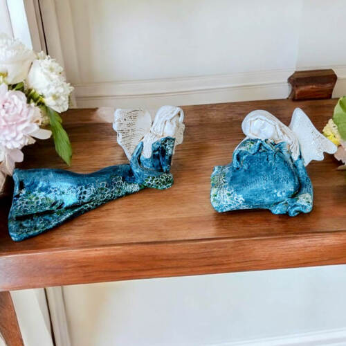 Dwa Turkusowe Anioły - komplet  -  figurka dekoracyjna gipsowa