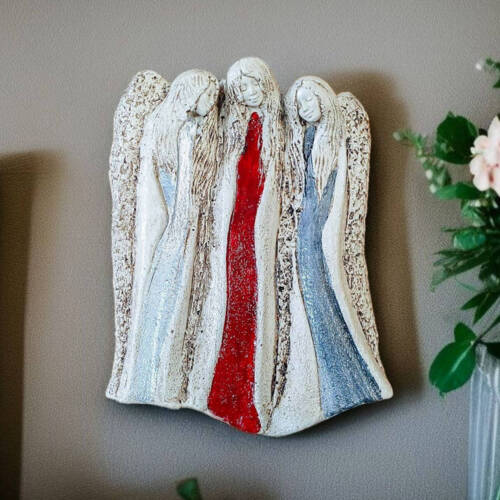 Anioły Wiara Nadzieja Miłość - szary bordo srebro -  28 x 20 cm figurka dekoracyjna gipsowa