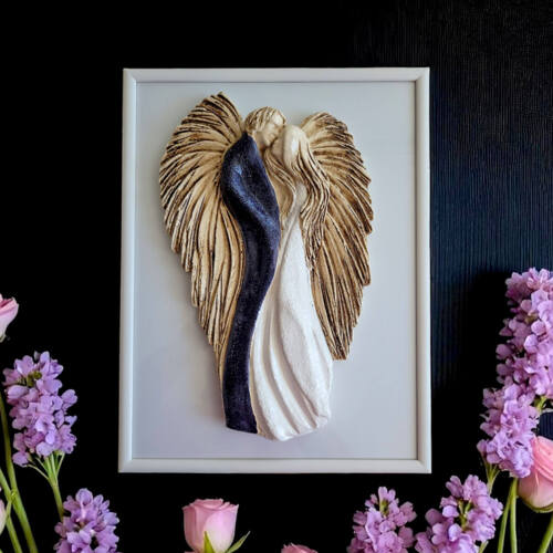 Zakochane Anioły + ramka - wiszące biało granatowe