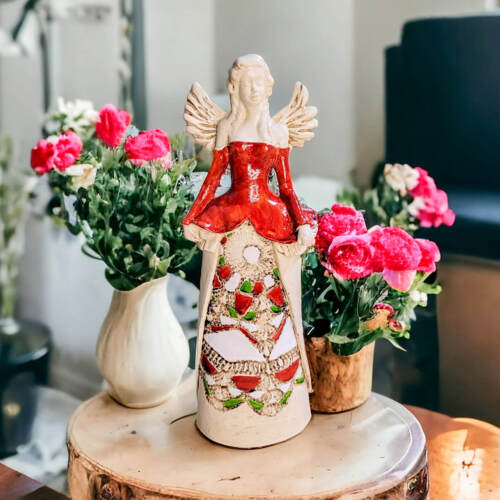 Anioł Anna - czerwony -  35 x 15 cm figurka dekoracyjna gipsowa