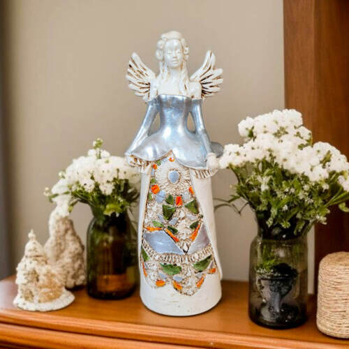 Anioł Anna - srebrny -  35 x 15 cm figurka dekoracyjna gipsowa