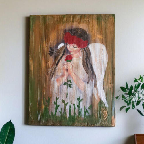 Anioł z Różą - obraz na desce -  22.5 x 29.5 cm