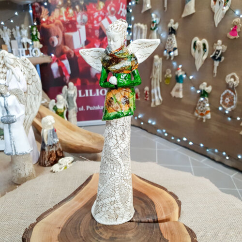 Anioł Catherine Art Leaf - zielony -  35 x 15 cm figurka dekoracyjna gipsowa