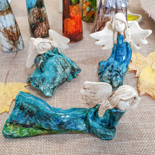 Turkusowe Anioły - komplet B -  figurka dekoracyjna gipsowa