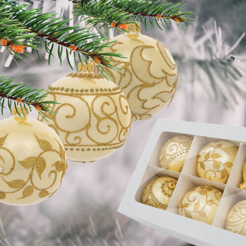 Bombki złoty szampan mix - listki z perełką esy listki mrożone  -  100 mm bombki choinkowe szklane 6 szt