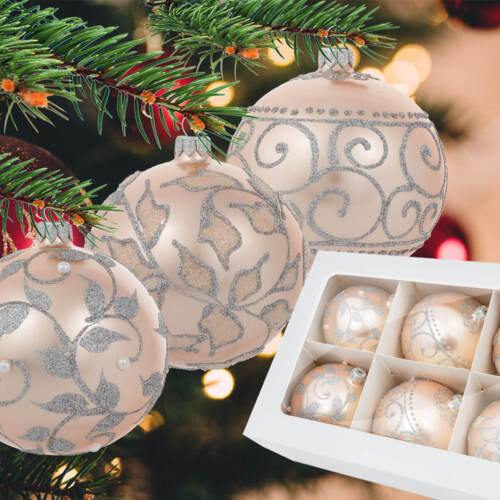 Bombki łososiowy mix - perełki zawijasy listki mrożone -  100 mm bombki choinkowe szklane 6 szt