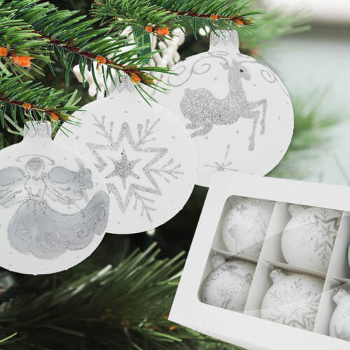 Bombki srebrny mix - jelonki śnieg biały aniołek   -  80 mm  bombki choinkowe szklane 6 szt