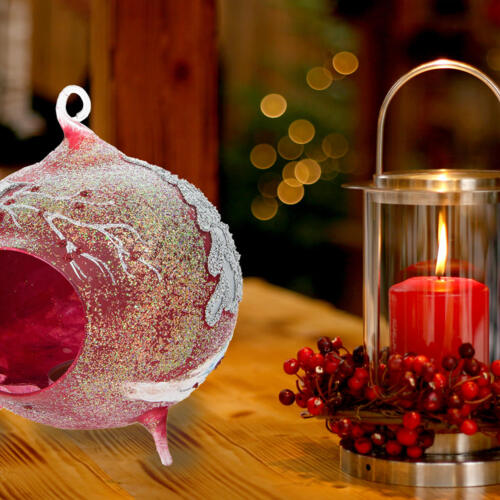 Bombka kominek lampion - czerwona tealight -  120 mm bombka choinkowa szklana 1 szt