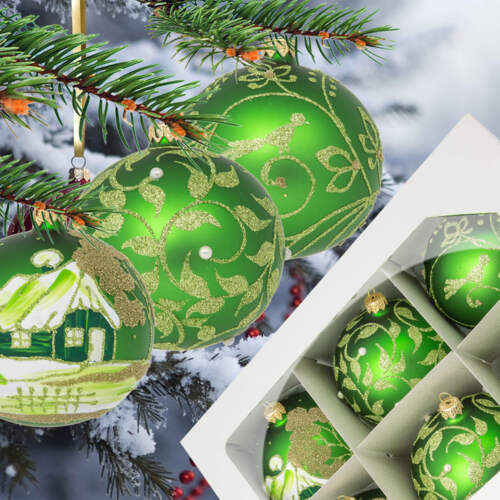 Bombki zielony mix - chatka listki ptaszek -  100 mm bombki choinkowe szklane 6 szt