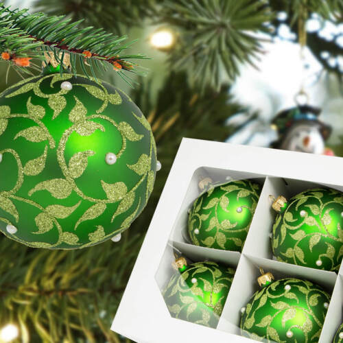 Bombki złote listki i perełki na zielonym -  100 mm bombki choinkowe szklane 6 szt
