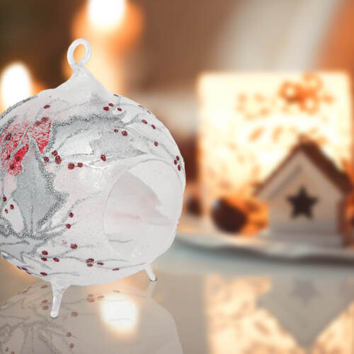 Bombka kominek lampion - srebrna tealight -  120 mm bombka choinkowa szklana 1 szt