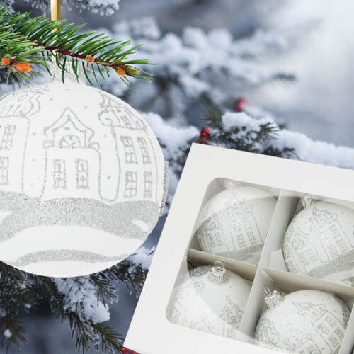 Srebrne chatki na kredzie - brokat -  80 mm  bombki choinkowe szklane 6 szt