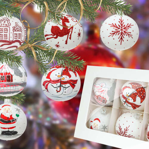 Zestaw Mikołaj bałwanki gwiazdka renifer chatka domki -  80 mm  bombki choinkowe szklane 6 szt