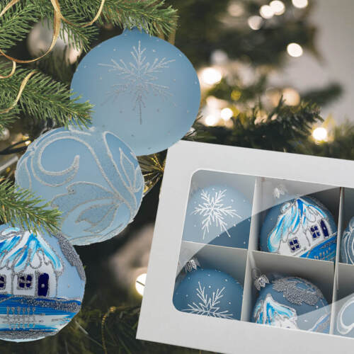 Bombki srebrne chatki listki błękit mix -  80 mm  bombki choinkowe szklane 6 szt