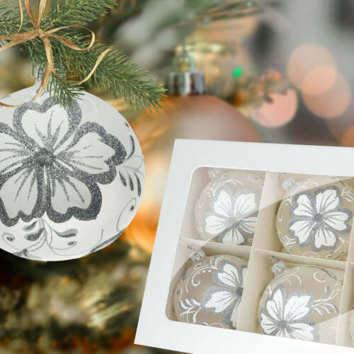 Bombki białe kwiaty -  100 mm bombki choinkowe szklane 6 szt