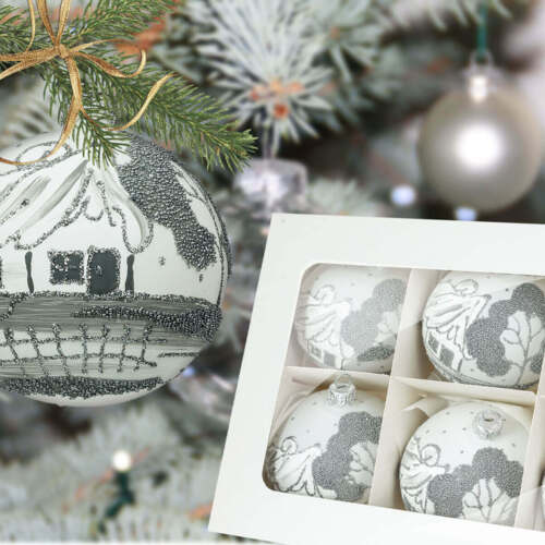 Bombki srebrne chatki na białej kredzie -  80 mm  bombki choinkowe szklane 6 szt