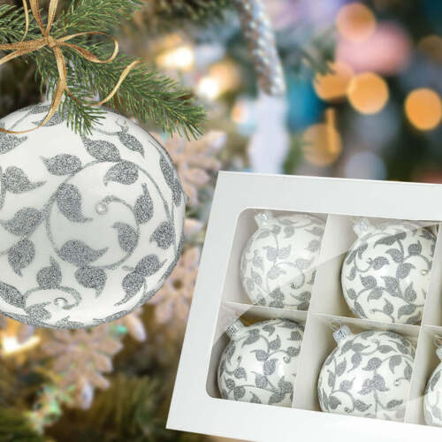 Bombki srebrne listki na białym opalu -  100 mm bombki choinkowe szklane 6 szt