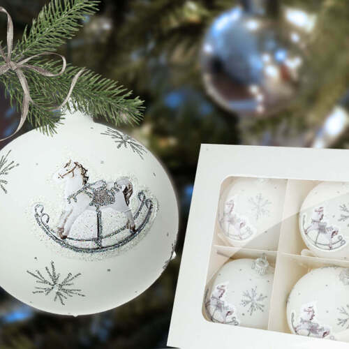 Konik na biegunach na białej kredzie -  100 mm bombki choinkowe szklane 6 szt