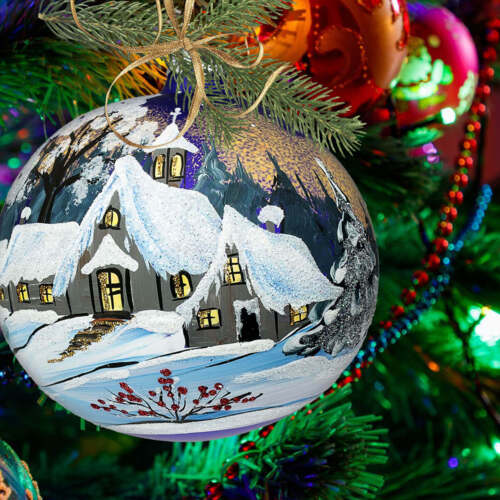 Zimowy krajobraz nocą -  120 mm bombka choinkowa szklana