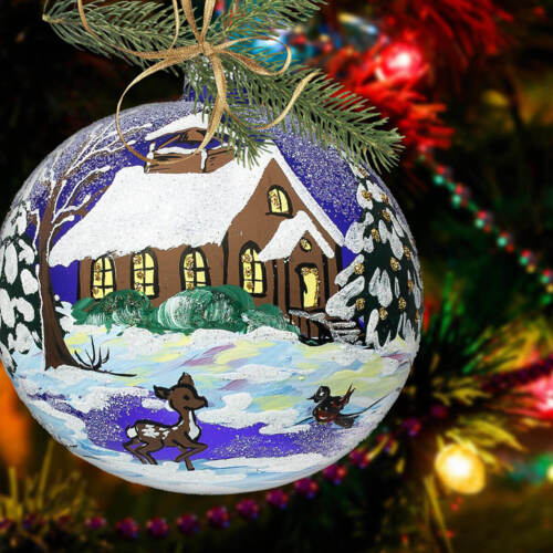 Zimowy krajobraz z jelonkiem -  110 mm  bombka choinkowa szklana