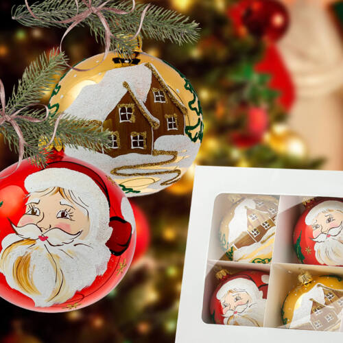 Chatki na złotym Mikołaj na czerwonym błysku -  100 mm bombki choinkowe szklane 6 szt