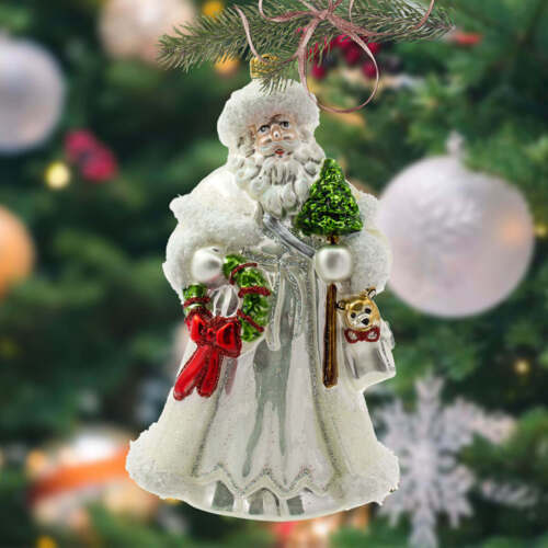 Biały Mikołaj - dekoracja kształtka -  18 x 9 cm bombka choinkowa szklana