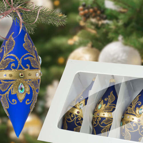 Sople Królewskie złote szafir mat -  180 mm bombki choinkowe szklane 4 szt