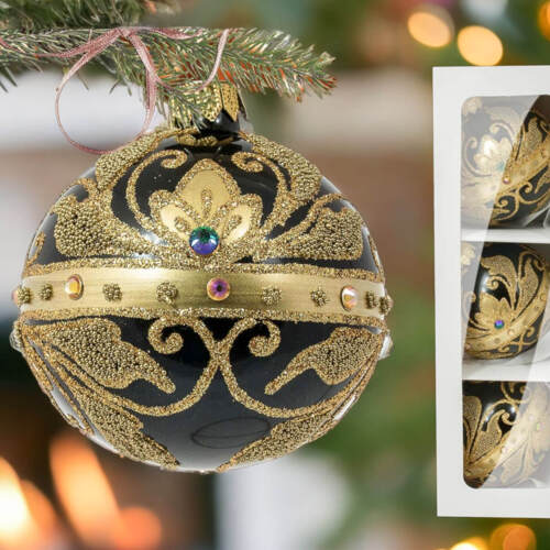 Bombki Królewskie złote na czarnej porcelanie -  80 mm  bombki choinkowe szklane 3 szt