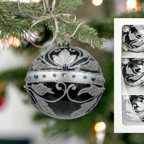 Bombki Królewskie srebrne na czarnej porcelanie -  80 mm  bombki choinkowe szklane 3 szt