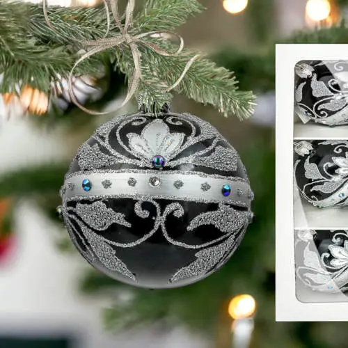 Bombki Królewskie srebrne na czarnej porcelanie -  80 mm 3 szt