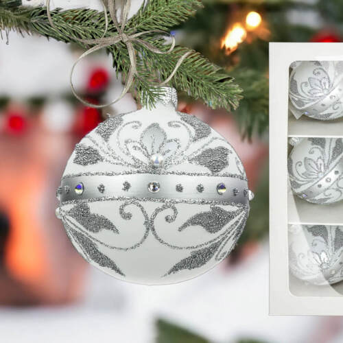 Bombki Królewskie srebrne na białej kredzie -  80 mm  bombki choinkowe szklane 3 szt