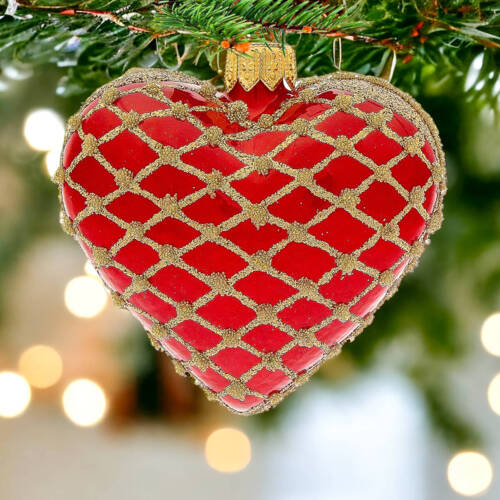 Bombka serce czerwono złote -  8 x 7 cm ozdoba szklana 1 szt