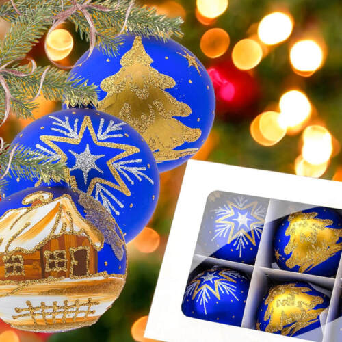 Bombki szafir złoty mix - chatka gwiazdka choinka -  80 mm  bombki choinkowe szklane 6 szt