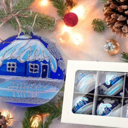 Srebrne chatki na granacie -  80 mm  bombki choinkowe szklane 6 szt