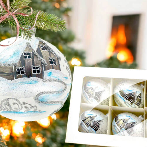 Srebrne chatki na białej kredzie -  100 mm bombki choinkowe szklane 6 szt