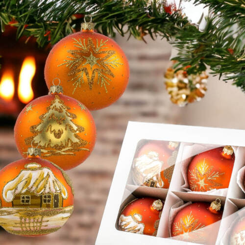 Bombki złote chatki gwiazdki choinka na pomarańczu -  100 mm bombki choinkowe szklane 6 szt
