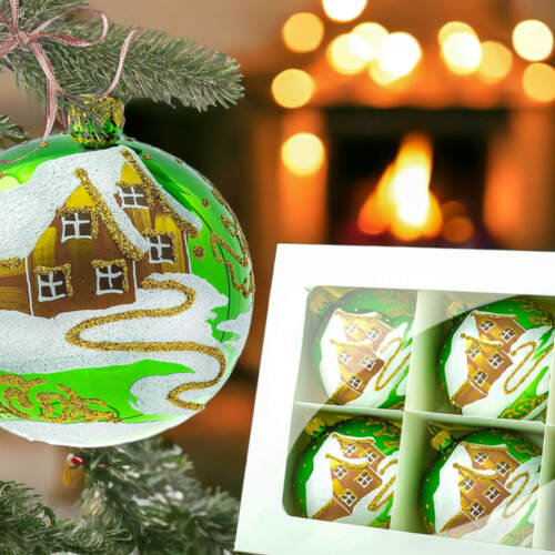 Złote chatki zielony błysku -  100 mm bombki choinkowe szklane 6 szt